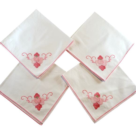 Pink Floral Embroidered Cloth Napkins 17" Vintage Cotton Set of 4 Rose - Picture 1 of 14